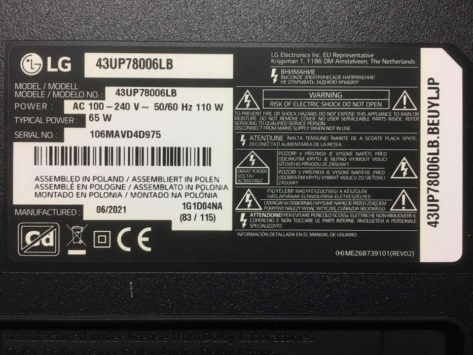 Tv LG de 43'' Modelo-43UP78006LB Avariada