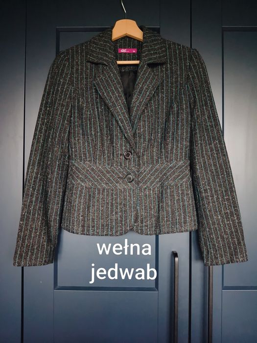 Żakiet wełna & jedwab QS Style 36 S paski turkus taliowany pinstripe retro indie sleek