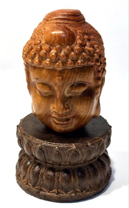 Cabeça de Buda com 2 rostos esculpido em madeira com base lotus Caldas ...