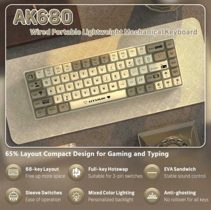 Клавіатура AJAZZ AK680 White-Grey Ігрова Дротова Механічна, RGB, Brown Switch
