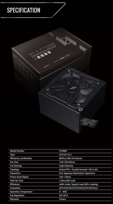 Nowy produkt 2026, Zasilacz 750W, 80 Plus Bronze, ATX 3.1, GameMax MAX P750B