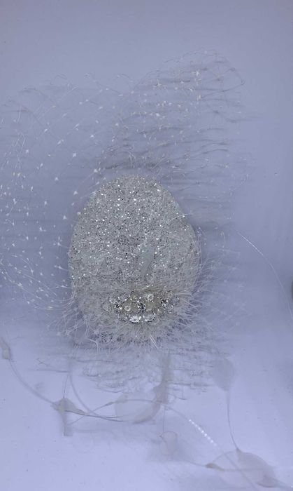 nowy ekskluzywny mały toczek ślubny brokat vintage woalka glamour glam