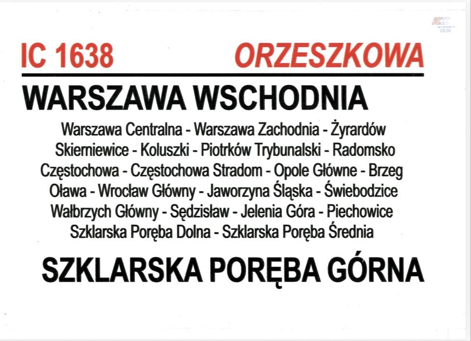 Tablica relacyjna PKP - IC ORZESZKOWA