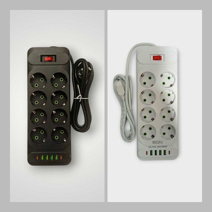 Мережевий фільтр, подовжувач на 8 розеток чорний/білий