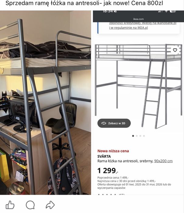 Łóżko na antresoli z materacem 90x100 IKEA