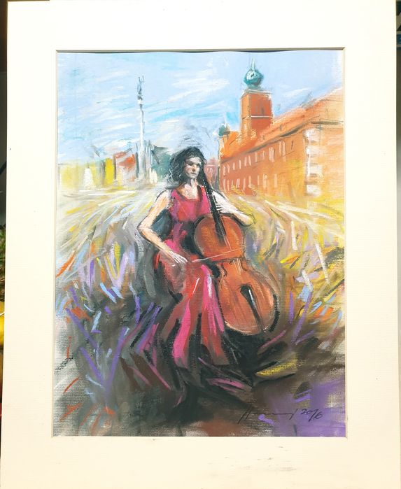 Linda pintura em pastel "vioncelista" assinada e certificada