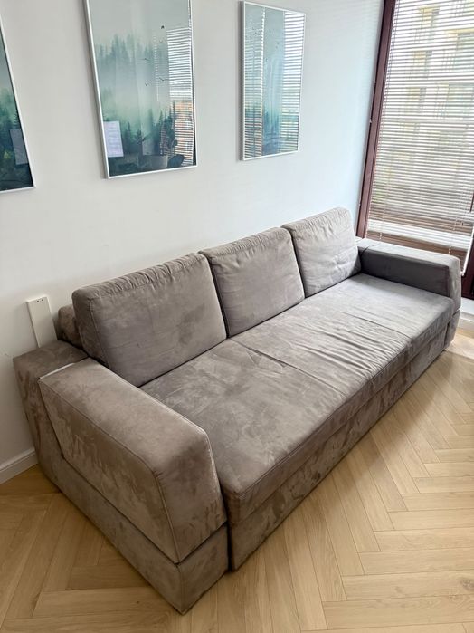 Kanapa sofa trzyosobowa rozkładana do spania szara welurowa