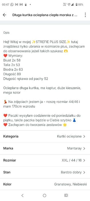 Kurtka długa pikowana ocieplana plus size 44 turkusowa