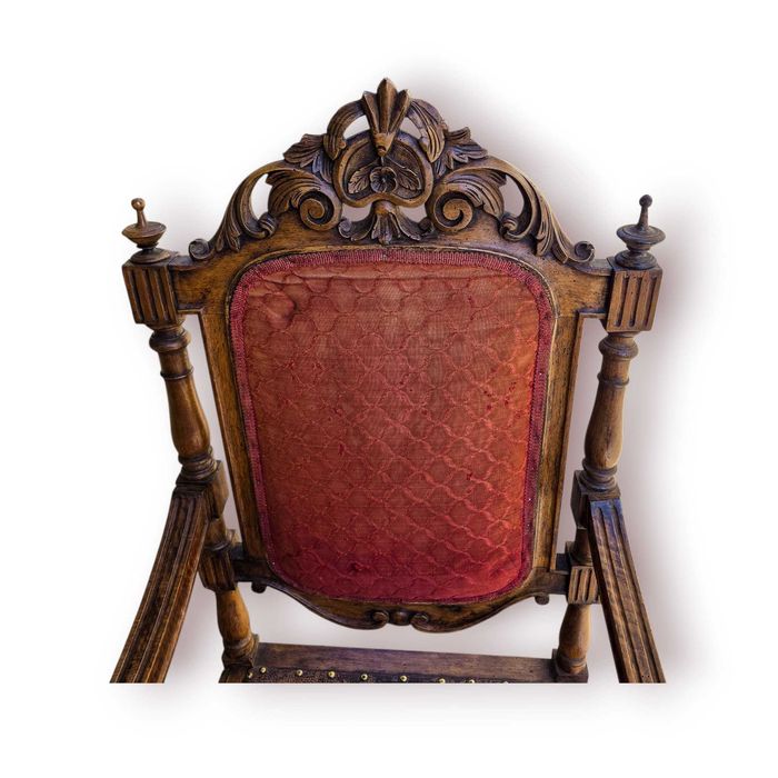 Cadeirão Antigo Braço Madeira Talhada com Assento Decorado
