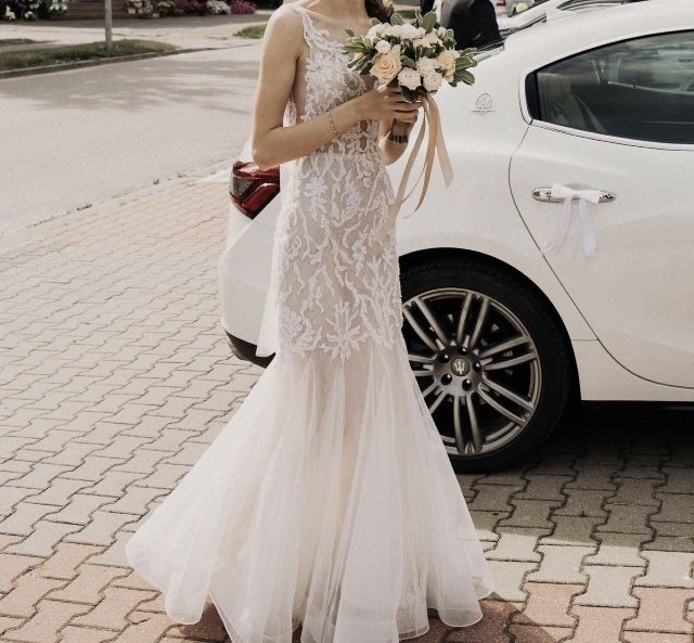 Suknia slubna rybka syrenka pieknie zdobiona koraliki ivory 36 Luxury