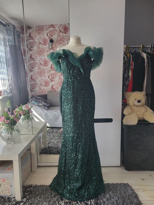 Cekinowa zielona sukienka maxi, hiszpanka , syrenka, z dłuższym tyłem