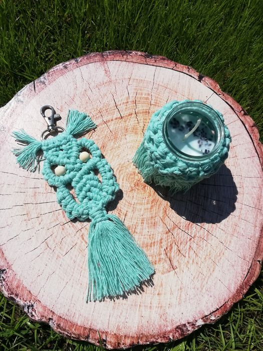 Dzień Matki zestaw breloczek makrama sowa świeca sojowa