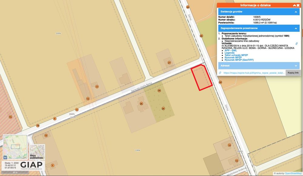 Działka budowlana Rzgów ul.Bema/ul.Górna