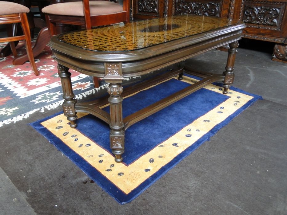 Wood, straw, and glass coffee table – excellent condition64584278880770122