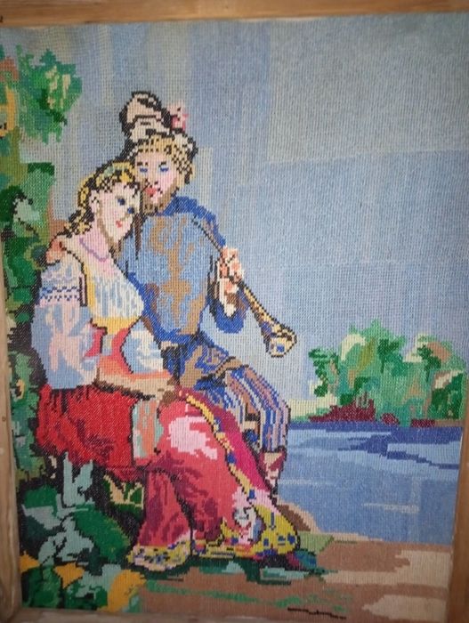 Картина-вишиванка ручної роботи "Козак з дівчинонькою..." велика стара