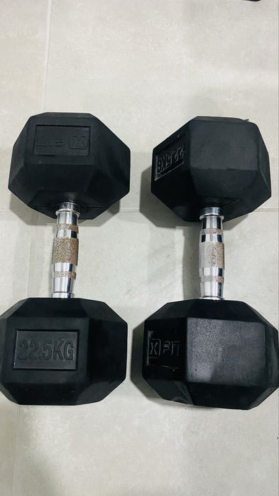 Vende-se par de halteres sextavados da marca X-FIT, com 22.5kg cada.