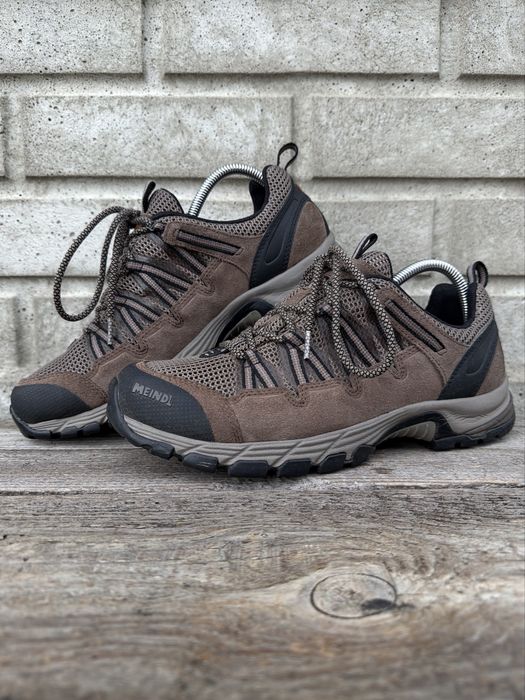 Brązowe, szare, skórzane buty trekkingowe Meindl Balancing, rozmiar 44