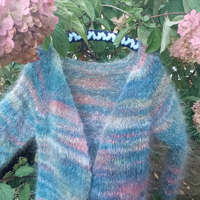 Nowy sweter chmurka ręcznie robiony 75% moher 21% wełna turkus melanż