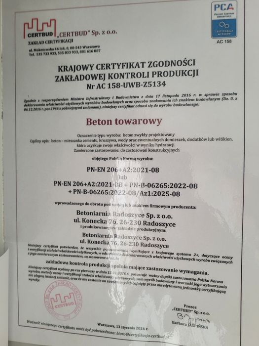 Beton Towarowy z transportem (pompa + gruszki)