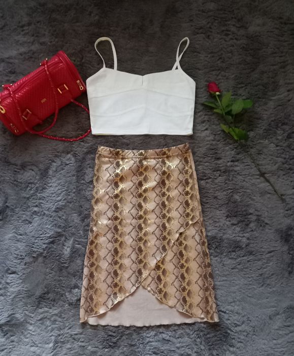 Spódnica złota midi ołówkowa bodycon tuba elastyczna brązowa beżowa