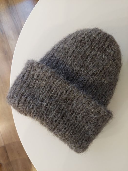 Czapka podwójna alpaka jedwab ciemny szary grafit  handmade