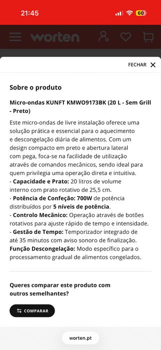 Micro-ondas KUNFT KMWO9173BK (20 L - Sem Grill - Preto)