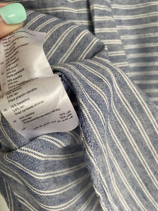 Koszula lindex 92 z lnem paski białe niebieska stójka