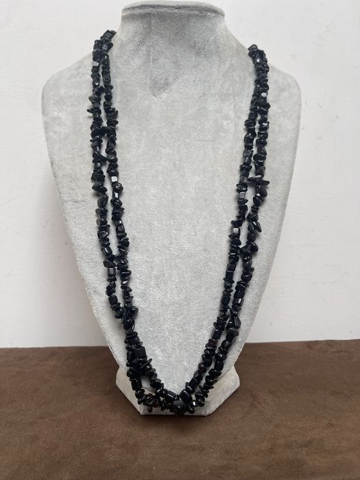 Onyks Dwa Długie Stare Naszyjniki z Kamieniami z Prl