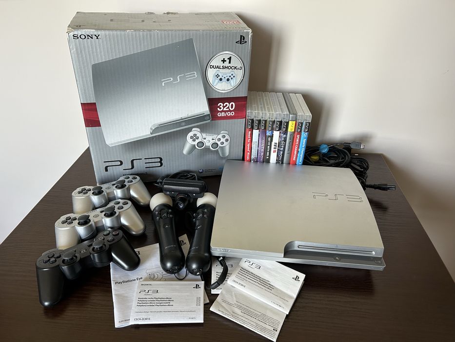 PlayStation 3 PS3 Slim Silver 320GB + 3 pady + Move + 9 gier + pudełko