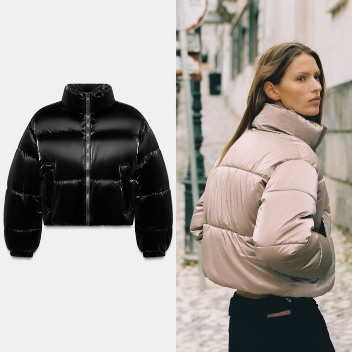 Жіночий блискучий вкорочений пуховик пуфер xs s m l xl чорний бежевий