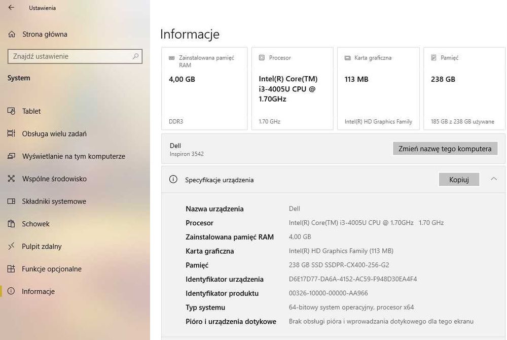 Laptop DELL z Windows 10