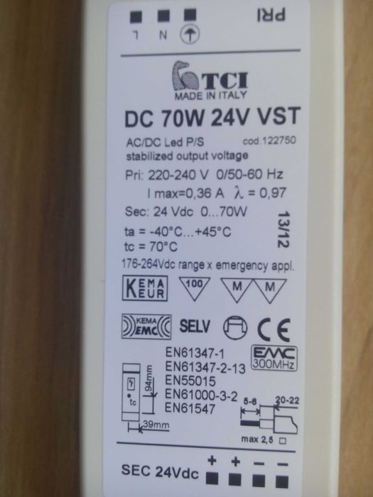Блок Живлення Драйвер для LED-лент TCI DC 70W/24V VST Італія ОРИГІНАЛ