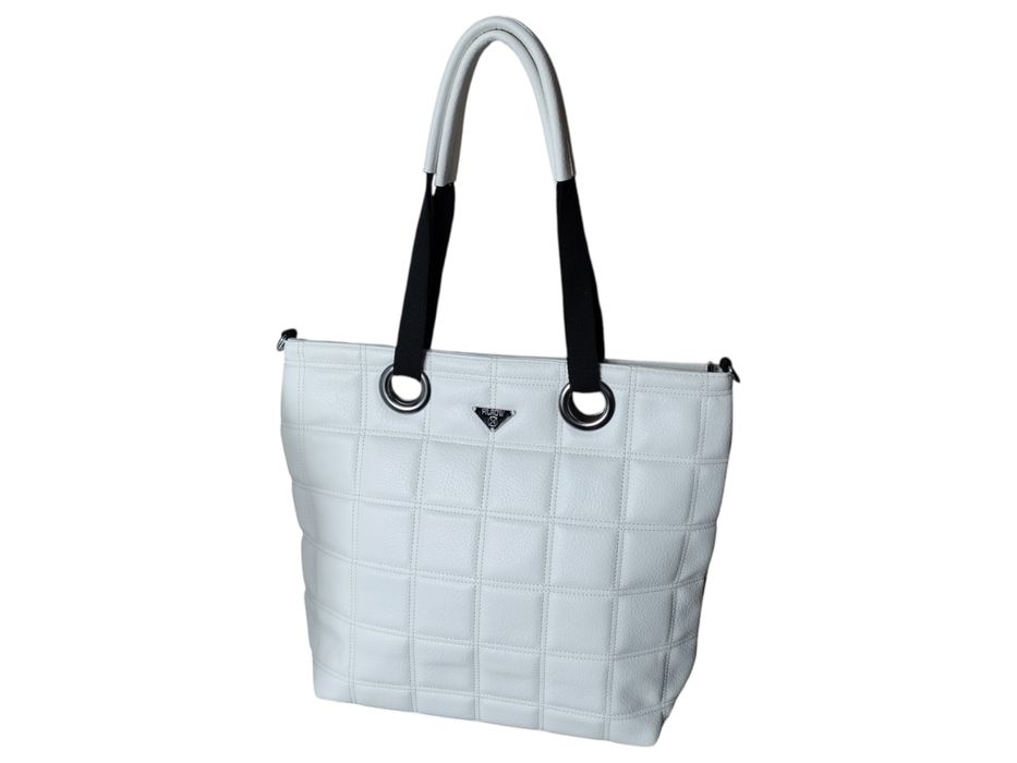 Pikowana Duża Torba Shopper, Miejska Torebka Damska, Biały