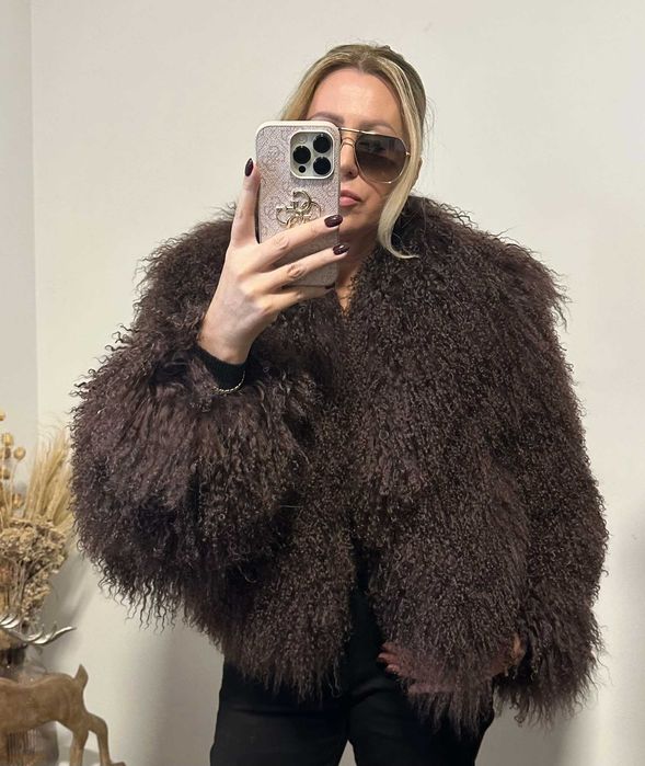 Futro z lamy lama naturalna z kołnierzem brąz najlepsza jakość nowe