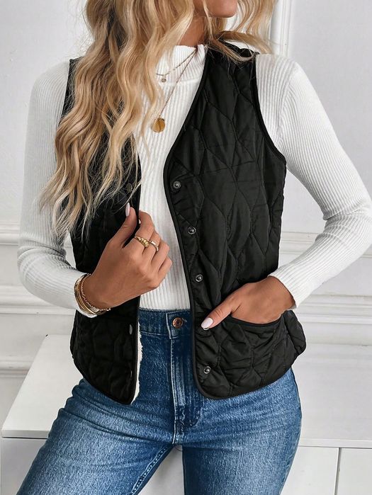Shein czarna pikowana kamizelka damska z guzikami casual m 11ma