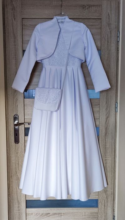 Sukienka komunijna + bolerko, torebka, rękawiczki, rozm. 152