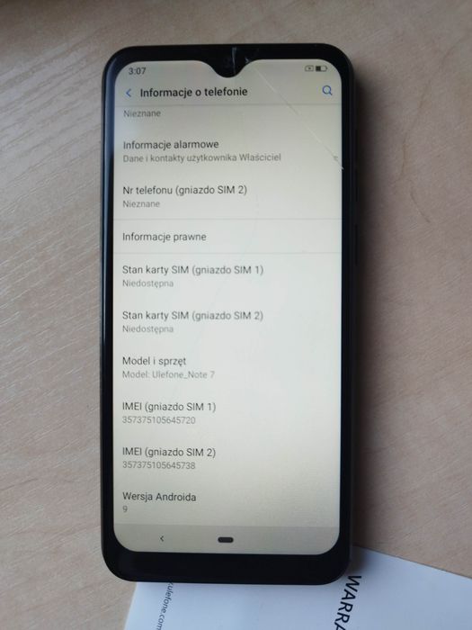 UleFone Note 7 Telefon smartfon 16GB uszkodzona szybka - działa.