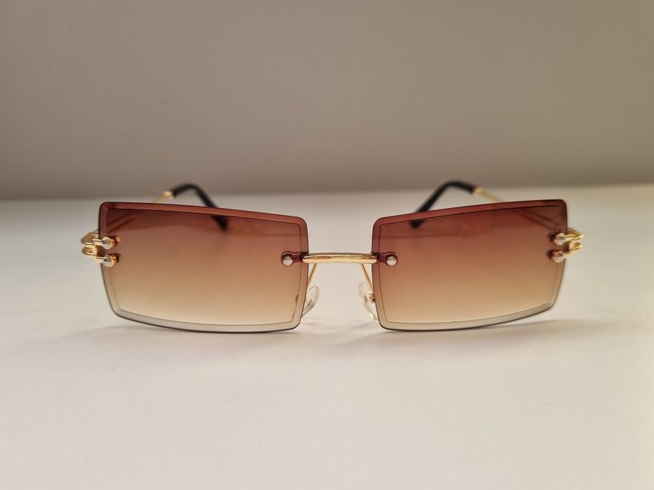 Okulary przeciwsłoneczne bezramkowe Y2K retro prostokątne vintage brązowe gradient