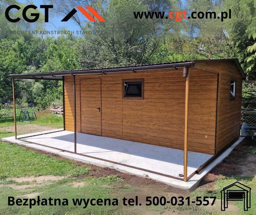 Garaż drewnopodobny 3x6 z wiatą 2m szeroką