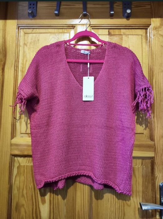 NOWY Sweter Minouu Przybylska Bawełna Fuksja Frędzle Butik