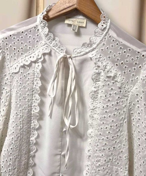 Белоснежная блуза Love&Roses в винтажном стиле с вышивкой ришелье, р. L/XL