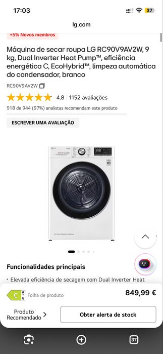 Maquina secar roupa LG 9kg