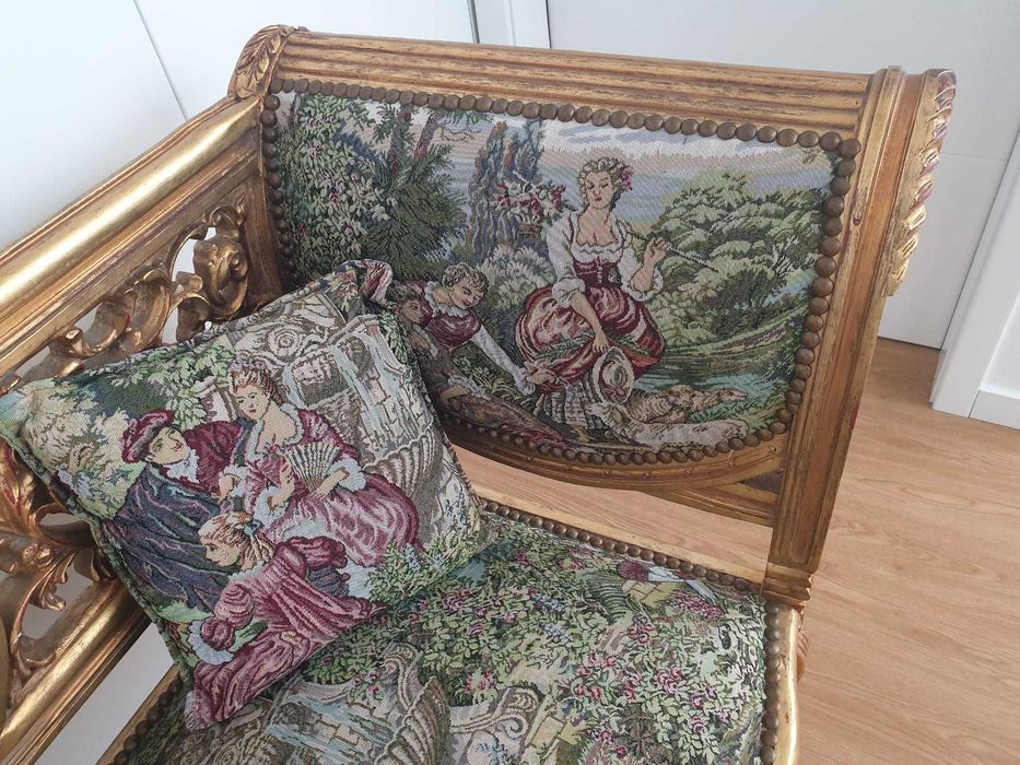 Canapé Antigo Luis XV I Folha de Ouro e Tecido Gobelin RESTAURADO