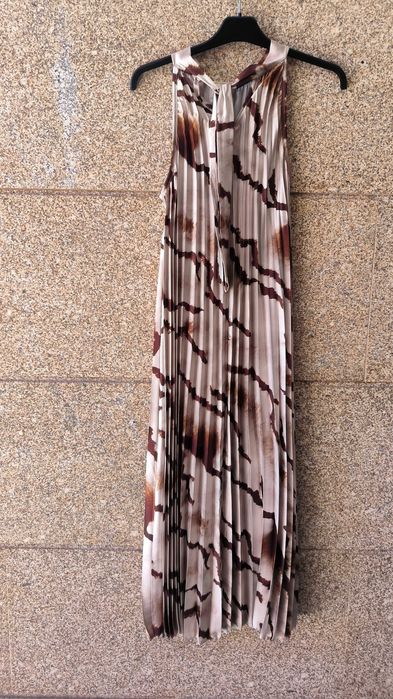 Vestido Comprido Plissado | Tons Castanho/Bege | Novo
