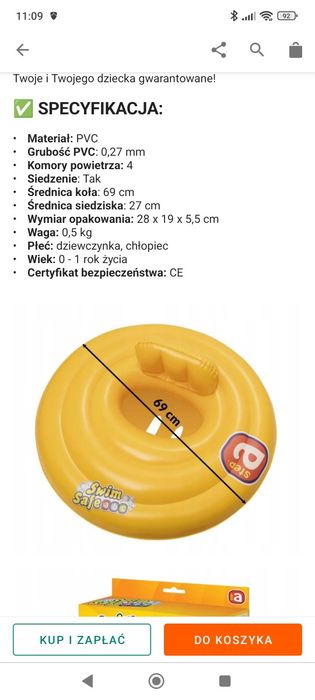Kółko do pływania dla niemowląt 0-1 lat do 11 kg jak nowe