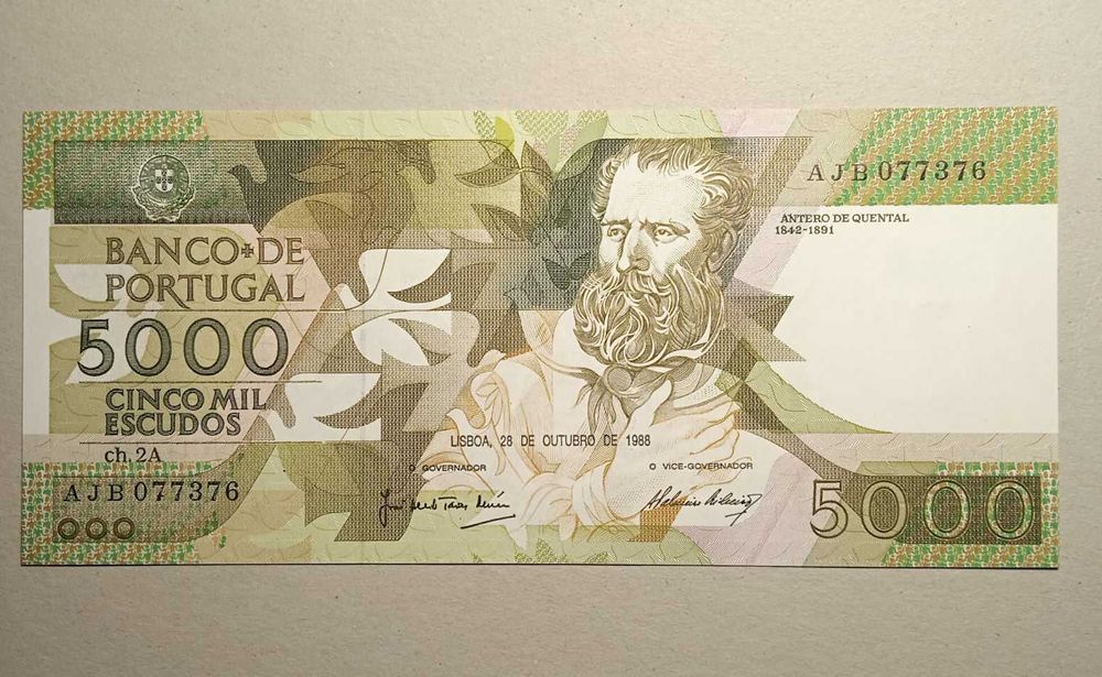 Nota 5 mil escudos 1988 Antero Quental NOVA - Envio Gratis