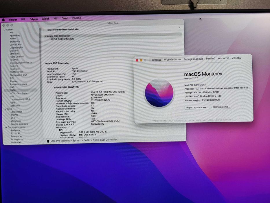 Komputer używany Mac Pro A1481 Xeon 64 GB 500 SSD AMD FirePro Monterey GW FV