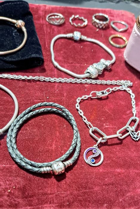 Pandora pratas lote pulseiras aneis e fio.