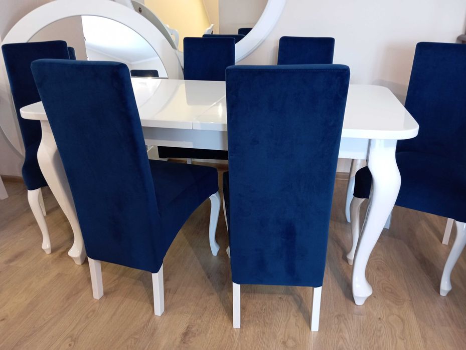 Krzesła granatowe tapicerowane noga ludwik