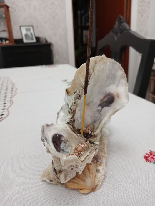 Queimador de icenso com vela feito em concha de ostra artesanal